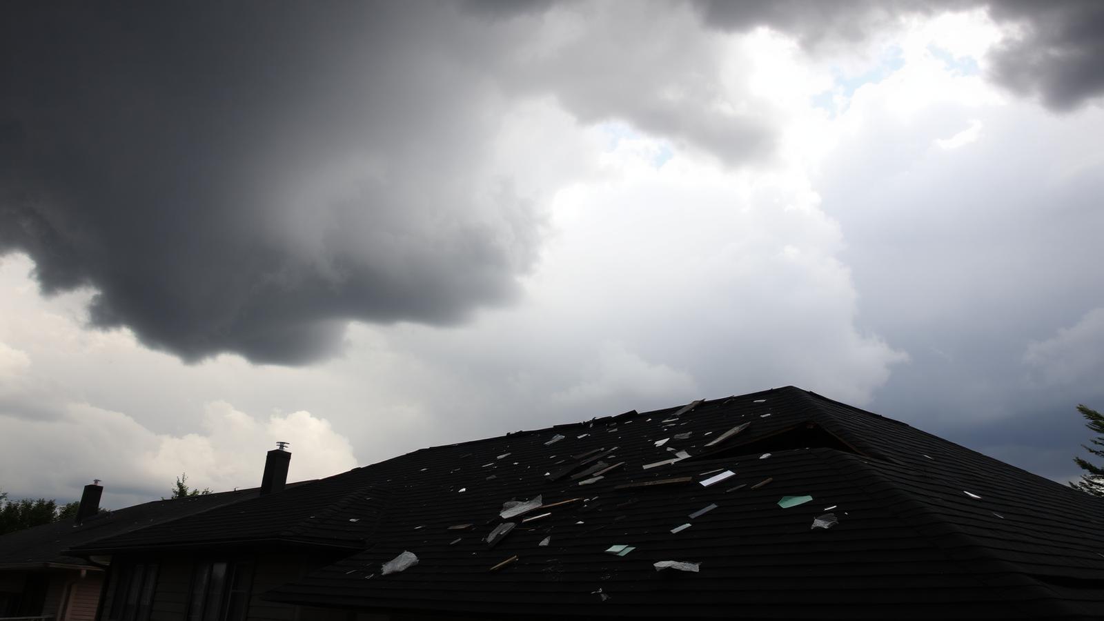 Storm damaged roof with wind-lifted shingles under dark clouds